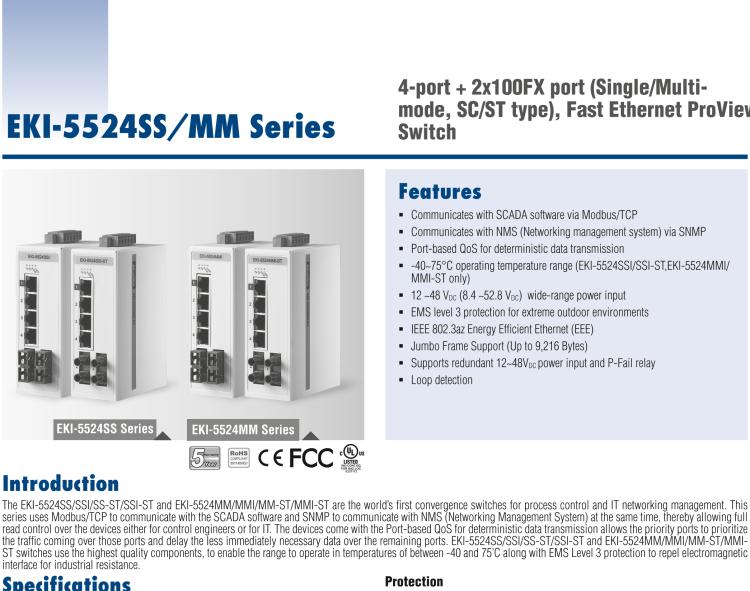 研華EKI-5524MMI 2光4電百兆ProView(組態(tài))系列工業(yè)以太網(wǎng)交換機(jī)(包含單模/多模、SC/ST接口)