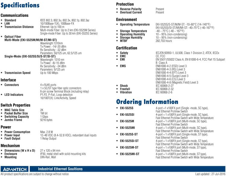 研華EKI-5525SI 1光4電百兆ProView(組態(tài))系列工業(yè)以太網(wǎng)交換機(jī)（包含單模/多模、SC/ST接口）