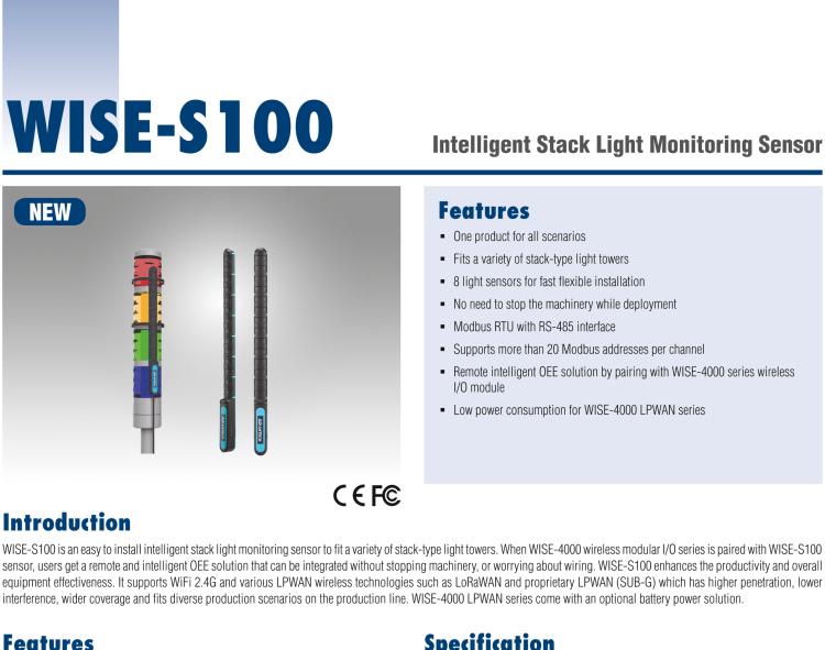 研華WISE-S100 智能堆棧光監(jiān)測傳感器,易于安裝，適用于多種類型堆棧式燈塔