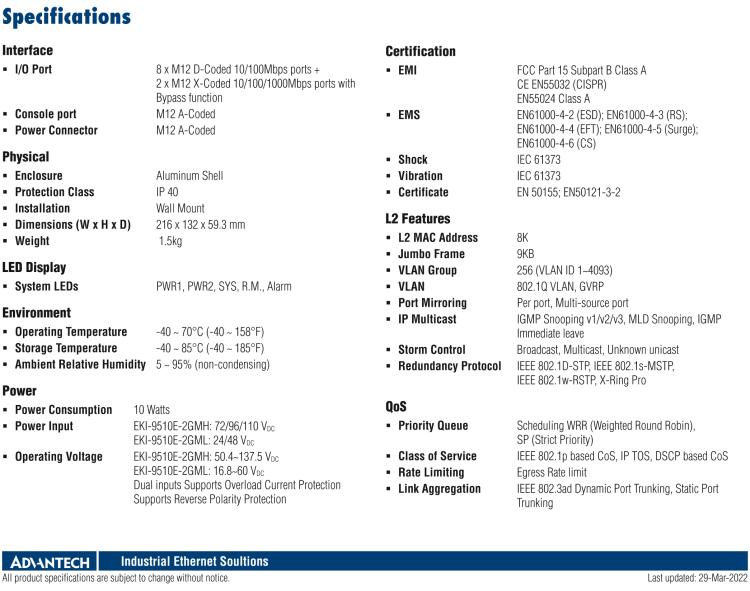 研華EKI-9510E-2GMH 10個(gè)百兆M12端口網(wǎng)管型EN50155交換機(jī)， 支持72/96/110 VDC供電