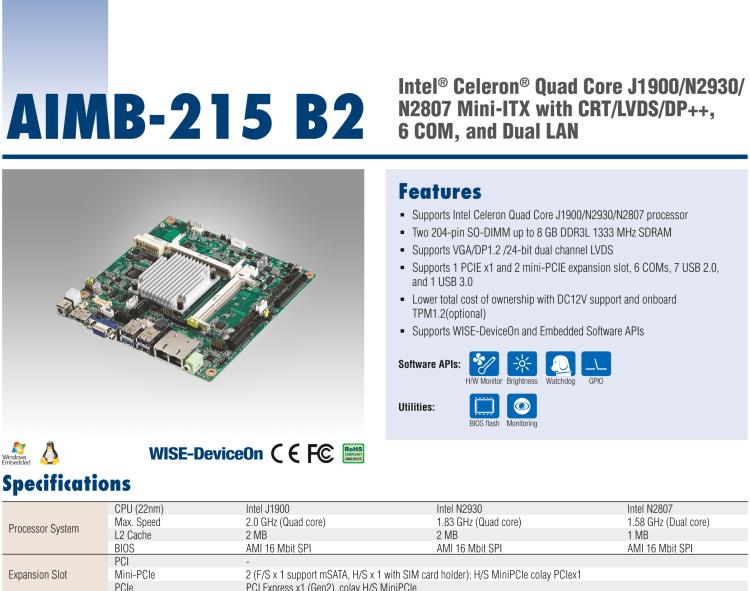 研華AIMB-215 板載Intel? 第4代 賽揚(yáng)處理器。豐富的擴(kuò)展，無風(fēng)扇設(shè)計(jì)，支持寬溫寬壓。