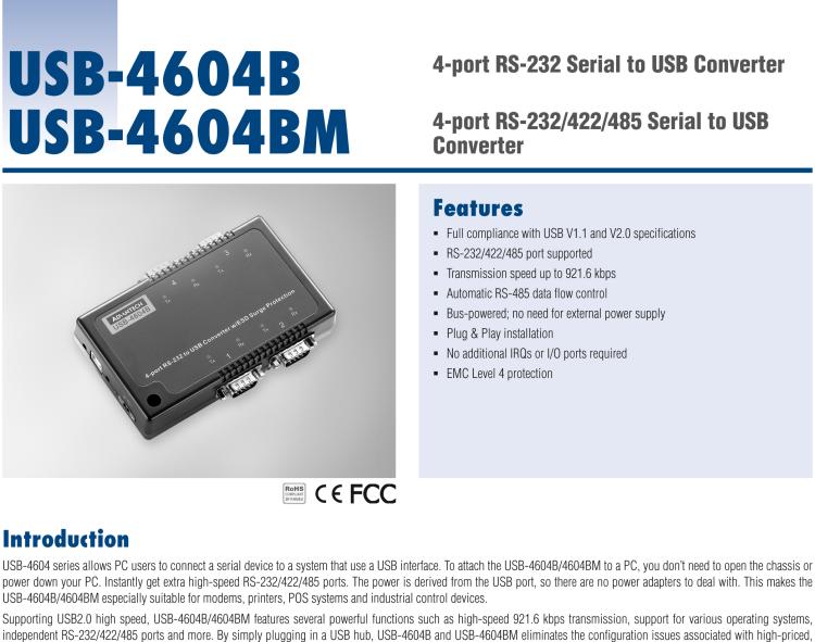 研華USB-4604BM USB轉4端口RS-232/422/485 轉換器，帶浪涌保護