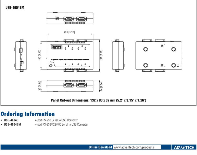 研華USB-4604BM USB轉4端口RS-232/422/485 轉換器，帶浪涌保護